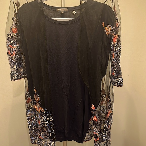 Vince Tops - Vince Brand navy shirt & black floral, embroidered open front duster. XS/S